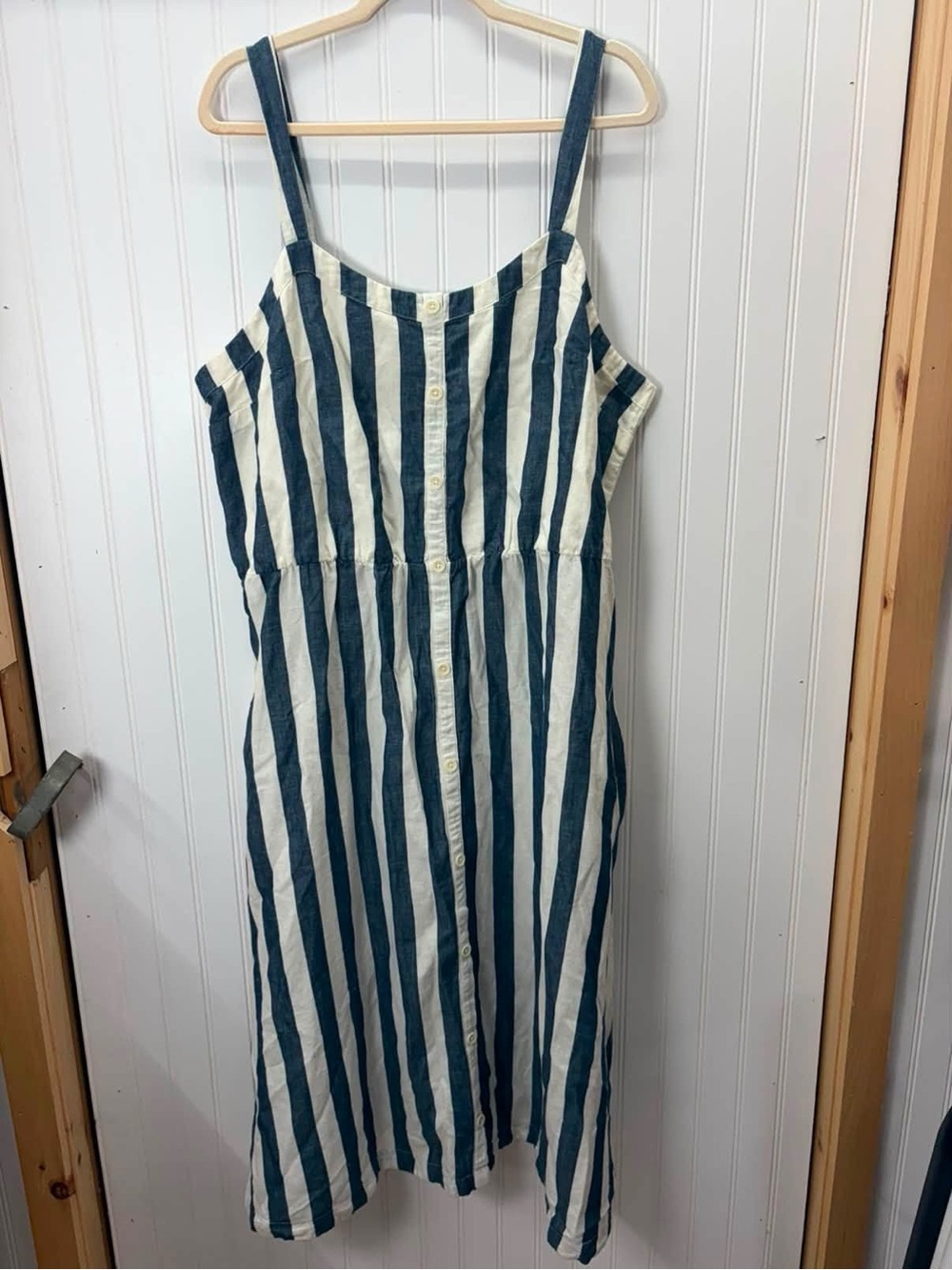 Pact organic cotton/linen Blue and White Vertical Stripe button Midi Sundress
